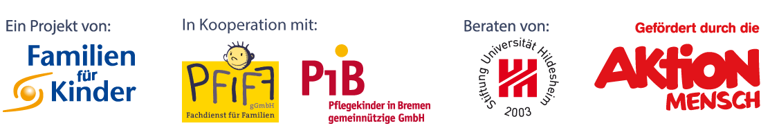 Logozeile mit Familien für Kinder, Pfiff, PiB, Stiftung Universität Hildesheim, Aktion Mensch